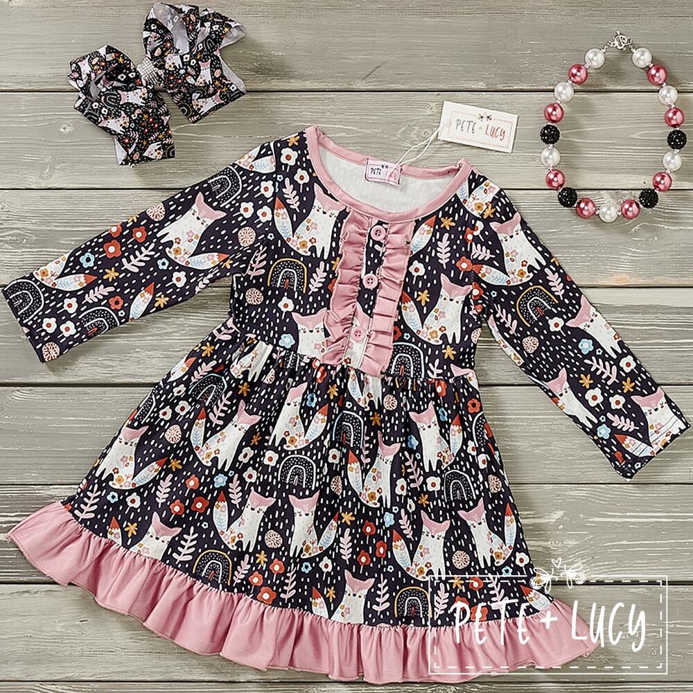 PETE + LUCY Black Pink Fox in Nature Ruffle Dress Floral Woodland Animals NEW 5